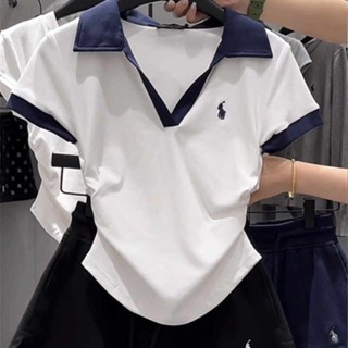 時尚刺繡POLO衫 上衣 POLO衫 大碼小馬刺繡短袖上衣女 夏季胖mm寬鬆顯瘦上衣 夏日服飾 美式透氣衣服 韓係多巴胺