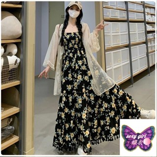 ☀全店免運☀M-4XL 法式氣質高腰印花吊帶裙夏季薄紗開衫碎花連衣裙套裝 大尺碼洋裝 夏天女裝 兩件式洋裝 碎花洋裝jh