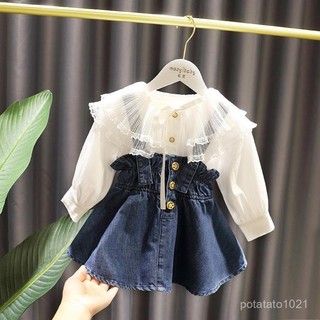 ✨波比童裝✨【80-130】女童連衣裙 1-5嵗女童時尚牛仔背帶裙襯衫兩件套裝寶寶長袖上衣春秋款 OD62