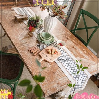 🍒可訂製 棉麻桌布 長桌布 簡約桌旗 美式鄉村風長桌旗 菱形桌巾 桌墊 撞色黑棉線編織流蘇桌布 節日桌布83L