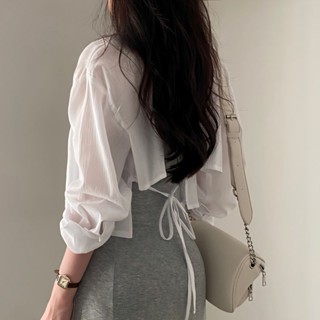 短版襯衫 韓版防曬衫設計感小心機後背綁帶露背短版襯衫女韓國chic夏季長袖雪紡 透膚上衣 雪紡女生韓版上衣 棉麻襯