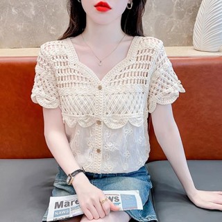 LXDP【4593人收藏】設計感小眾v領鏤空蕾絲襯衫女夏季2024新款氣質減齡顯瘦短袖上衣