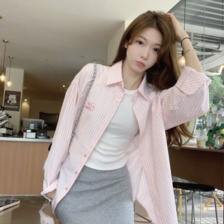 【四季服飾】字母刺繡條紋襯衫女夏季新款寬鬆長袖外套防曬上衣