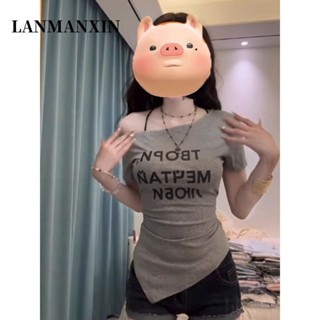 🎀臺灣出貨🎀【店鋪熱銷】韓版上衣女 辣妹上衣 綁帶上衣 收腰顯瘦修身上衣 不規則上衣 下擺斜肩字母印花T恤女 斜肩上衣