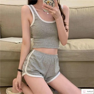 臺灣出貨🔥Aurie✨【1105人好評】夏季吊帶套裝棉女學生運動套裝修身瑜伽跑步兩件套上衣短褲睡衣