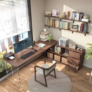 💒又見家居🏡實木島臺亞克力轉角實木書桌書櫃一體 書房l型懸浮式辦公桌拐角雙人電腦桌