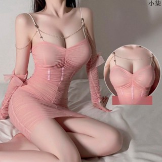 ✨s小柒✨性感透明網眼內衣套裝 – 無袖緊身迷你連衣裙,帶胸墊和鏈條,甜美少女透明吊帶背心睡衣