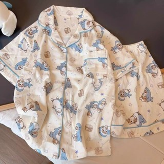 ❤Rich招財進寶日系卡通鯊魚貓咪睡衣女夏天薄款網紅短袖短褲學生居家服套裝外穿