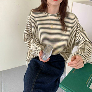 ✨限時下殺💖條紋打底衫內搭2025秋季女裝薄款寬鬆新款圓領長袖T恤學生上衣潮大碼顯瘦