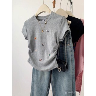 婷婷辣妹女裝店⭐ 臺灣出貨 ZH100%純棉240G小狗印花灰色收腰短袖T恤女夏季褶皺內搭短款上衣