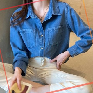 JY 正韓風春秋新款牛仔外套寬鬆顯瘦 長袖外套丹寧外套 BF風學生學院風減齡夾克女生短版上衣著 中長款夯復古翻領牛仔襯衫
