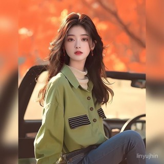 【臺中💯免運出貨】軍綠色polo領長袖寬鬆襯衫襯衣早秋季新款女裝獨特超好看上衣 XPZR