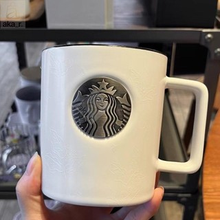 XDins風 馬克杯 星巴克杯子 水杯 大容量473ML 銀色銅牌咖啡杯 陶瓷馬克杯 早餐杯