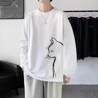 【XIU】♘M-8XL 大尺碼男裝 長袖上衣 港風復古寬鬆模擬大貓長袖T恤 圓領上衣 衣服男