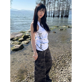 辣妹手寫字母印花螺紋背心美式復古夏季緊身彈力坎肩打底無袖T恤1703