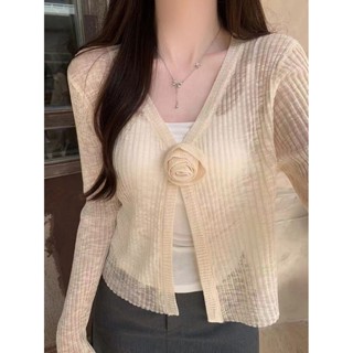 🌸臺灣出貨🌸溫柔薄款針織開衫夏季寬鬆短款女冰絲新款長袖鏤空防曬薄荷曼波