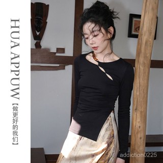 臺灣出貨畵樸新中式黑色針織T恤女裝2024春季新款鏤空抽褶開叉顯瘦上衣潮限時特賣6