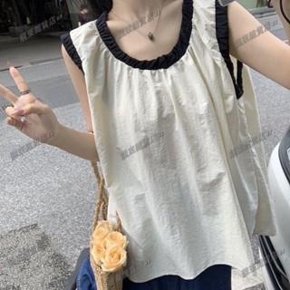 ✨ 限時殺價✨大碼上衣 無袖背心短袖撞色寬松背心襯衫女夏季新款韓版時尚顯瘦百搭設計感別致無袖上衣寬鬆背心 遮肚上衣