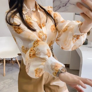 Yoo Closet|大碼女裝 韓版夏季2025新款長袖襯衫女 寬鬆碎花上衣女 防曬服 翻領雪紡燈籠袖襯衣女 大尺碼上衣