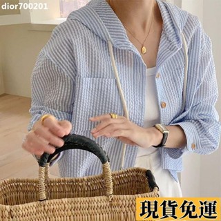 【臺灣出貨】 可愛天花闆 韓版 夏季氣質百搭單排扣條紋撞色寬鬆短版長袖連帽襯衫/防曬外套 GCIQ