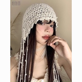 💧現48h出庫💧臺灣精品新款鏤空珍珠流蘇吊墜包頭帽女夏季名族風針織套頭帽複古手工帽