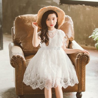 [塔塔·販賣美麗、超讚]女童夏季洋裝 白色蕾絲洋裝 兒童公主裙 女童禮服夏天 鋼琴表演禮服 中大童洋裝 女童婚紗花童禮