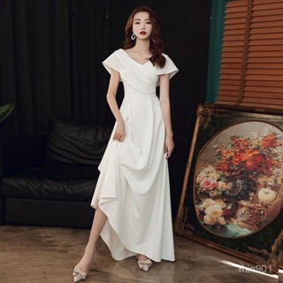 【正妹必入！】白色迴門晚禮服領證登記小白裙訂婚短袖長版連衣裙法式輕婚紗裙女 白色洋裝 顯瘦 裙子0604 LRHQ