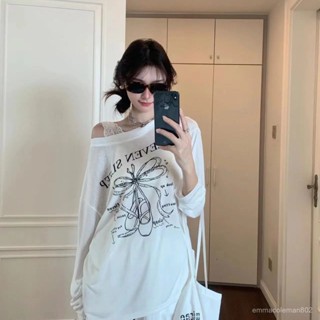 📣24H限時爆品促銷📣美式辣妹印花露肩長袖防曬T恤女夏季韓係寬鬆慵懶風外搭罩衫上衣朵朵精選 MXNG