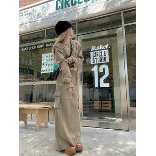 【Puffkten】美式復古套裝女長袖印花大學T上衣2025年春秋季工裝半身裙兩件套潮