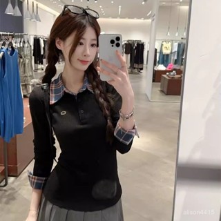 臺灣熱賣 潮流新款 2024年秋季女假兩件格紋撞色打底修身polo領針織衫長袖T恤衫上衣 NFAJ
