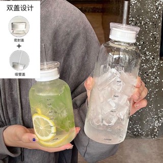 【💓促銷熱賣高顏值玻璃水杯💓】吸管雙蓋兩用高硼矽玻璃杯時間刻度便攜式隨行杯高顔值ins咖啡杯
