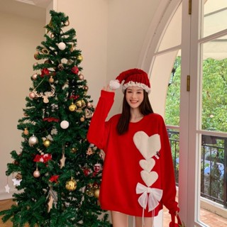 【小雲雀】新年女裝 過年衣服 愛心蝴蝶結紅色毛衣女 秋冬季新款寬鬆加厚上衣 針織上衣 長袖上衣女 大尺碼 顯瘦毛衣