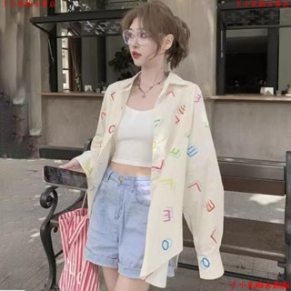 限時免運🚚女生襯衫 大碼襯衫 休閒襯衫🎀春夏新款字母防曬寬松上衣美式設計外套女裝塗鴉長袖襯衫顯瘦襯衣