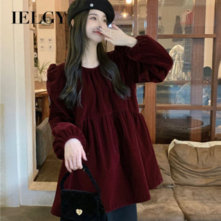 IELGY 圓領泡泡袖絲絨襯衫女氣質寬鬆chic上衣