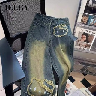 IELGY 復古貓咪刺繡闊腿牛仔褲女夏季直筒長褲
