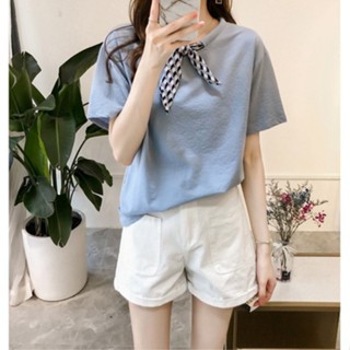 ✨夜夜生活館✨ 女生上衣M-4XL 大尺碼上衣 短袖襯衫 下殺 正韓上衣 女生衣著 綁帶上衣 新款韓版菱格抽繩蝴蝶結圓領