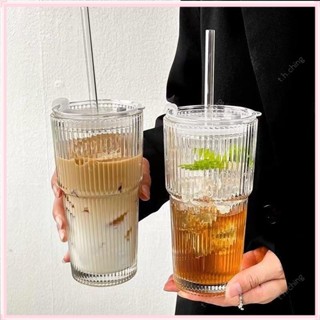 桃園快速🚚NIKOO★★600ml高顏值冷飲果汁咖啡杯帶蓋吸管杯大容量條紋玻璃杯水杯ins風杯子6/13