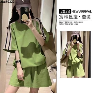 🔥桃園出貨🔥150公斤可穿 胖mm休閒運動套裝女 夏季新款 大尺碼女裝 小個子短袖上衣+短褲兩件套