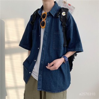 爆款熱賣❤港風複古牛仔襯衫夏季男款潮牌短袖襯衣青少年寬鬆休閒工裝薄外套 TJT8