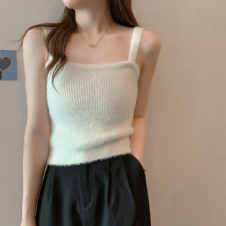 👩‍🦰🎈臺灣發貨🎆🎇 女生小可愛 小平口背心 細肩帶 條紋吊帶背心 固定杯 仿水貂毛絨平口小吊帶背心