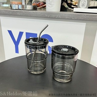 ins風咖啡杯煙灰色吸管杯帶蓋玻璃水杯隨行吸管杯網紅奶茶杯子女 💥臺灣出貨+統編🎉