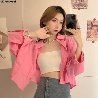 七喜服裝～日韓 玫紅色短版防曬襯衫 外套 夏季新款襯衫 女小個子甜酷別緻 上衣