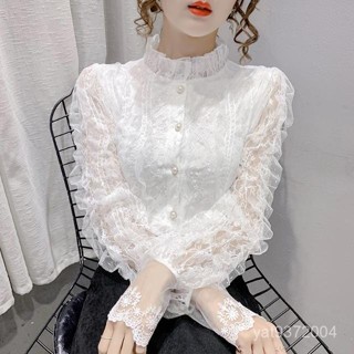 金選💖韓版超僊立領內搭蕾絲襯衫女秋冬新款ins風保暖加絨襯衣外穿法式開衫 N2SX