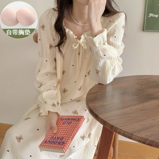 【衣海洋】罩杯一體式睡裙 春秋季ins甜美新款公主睡衣 可愛蝴蝶結方領長袖長款家居服