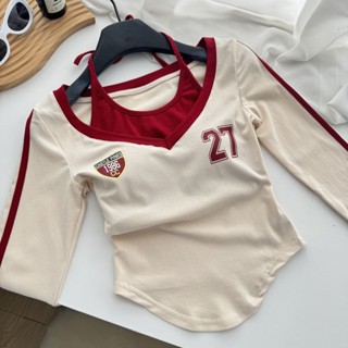 美式球衣 美式上衣 美式足球服 美式女裝 美式大t 時尚秋季運動少女風美式辣妹短款假兩件掛脖外穿上衣長袖女T恤ins