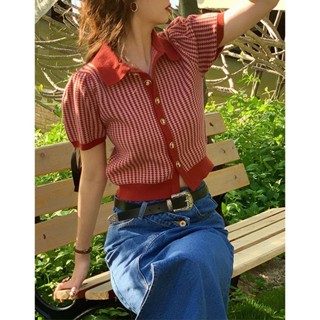 POLO領短袖針織衫女2025年夏季新款複古法式短款紅色條紋開衫上衣