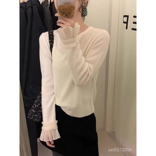 金選💖韓版荷葉蕾絲拚接螺紋德絨長袖T恤女打底衫秋冬內搭百搭洋氣別緻上衣 KIUX