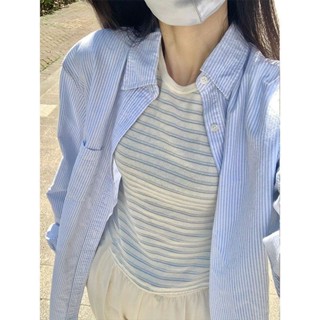 小可家藍色條紋防曬衣襯衫女夏季港風chic別緻小眾法式上衣長袖襯衣外套 夏季外套 防曬外套 透氣外套 夏天外套女 薄款外