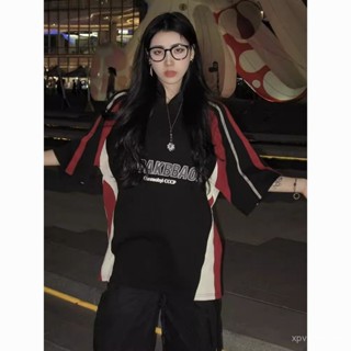 【H2O】美式 街頭 設計感 撞色 短袖 T恤 ins夏季 寬鬆 賽車服 休閒 情侶上衣