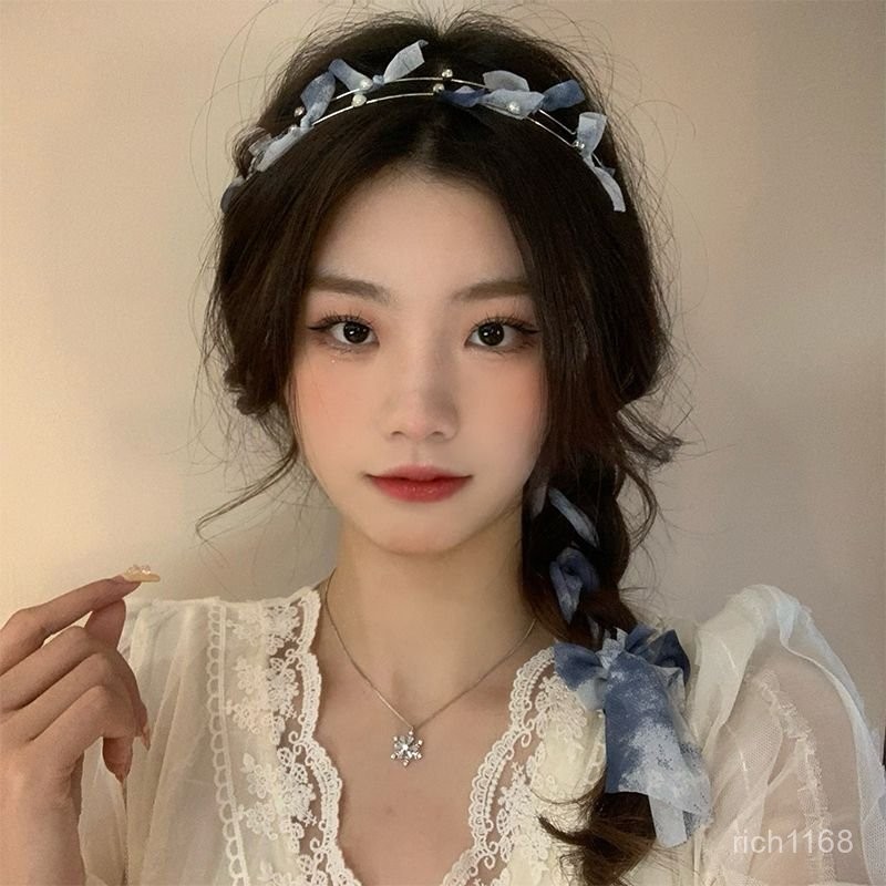 【免運💯】精美髮飾 藍色雙層珍珠髮箍髮帶女綁髮一體係帶 夏天超僊蝴蝶結編髮絲帶飄帶 時尚發飾 復古超仙蝴蝶係帶 長款髮繩